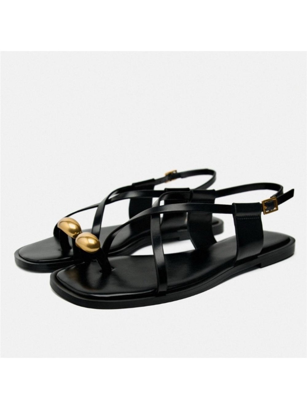 ZARA Black Leather Flat Strappy Gold Metal Toe Sandals